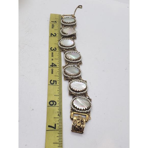 Vintage Filigree Bracelet Mother of Pearl MOP & Faux Pearl Accent Ornate - Picture 5 of 13